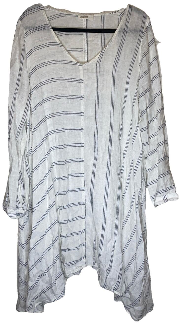 CP Shades Linen Oversized Tunic Dress M White Blue Stripe Asymmetrical Lagenlook